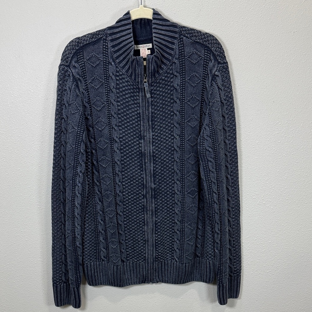 Carbon 2 Cobalt Cable‎ Knit Zip Sweater linen blend nautical fisherman's